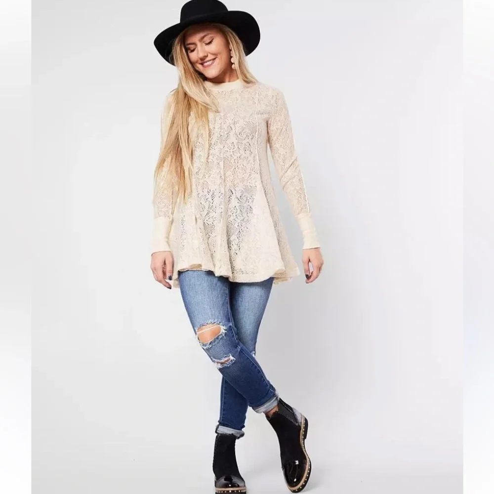 Free People Cream Lace Boho Long Sleeve Cowgirl Western Tunic Size Small - Picture 2 of 8